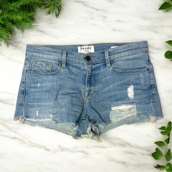 FRAME Le Garçon Cutoff Raw Hem Distressed Denim Jean Shorts Size 26 - Picture 1 of 7